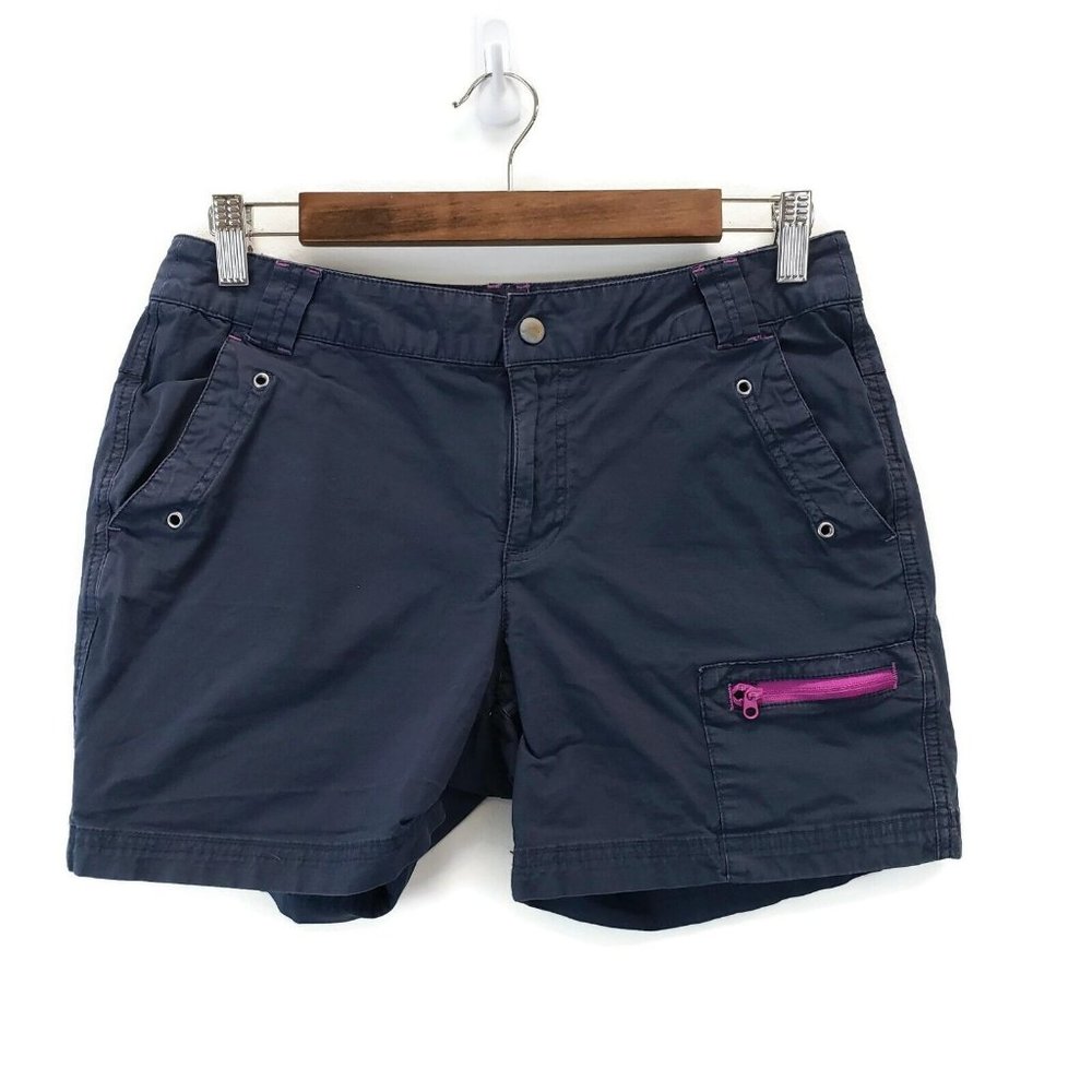 Title Nine Womens Hiking Shorts Size 6 Blue Zip Pockets Mid Rise Pink Detail!
